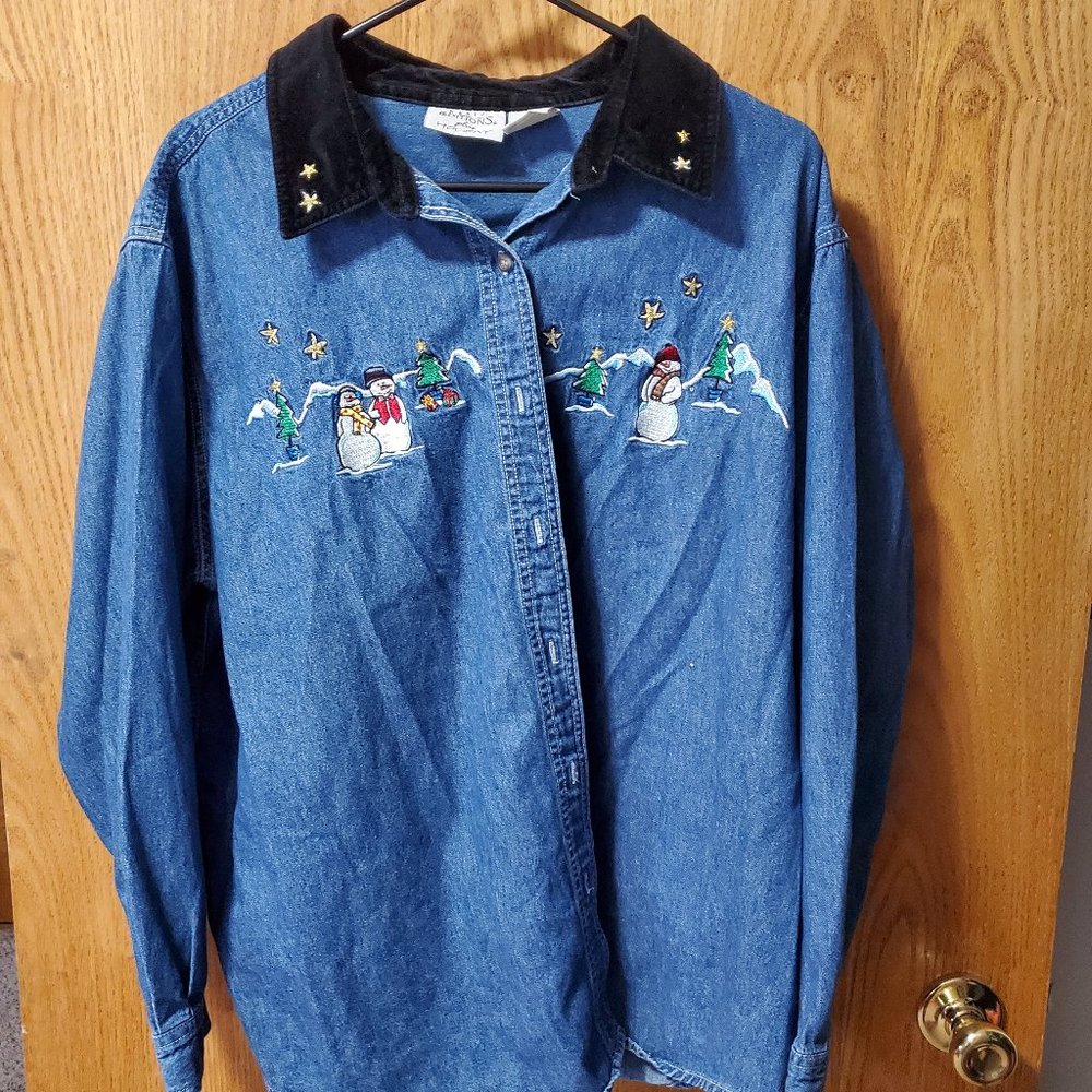 Basic Editions Denim Shirt 20W Embroidered Christmas XMas Snowmen